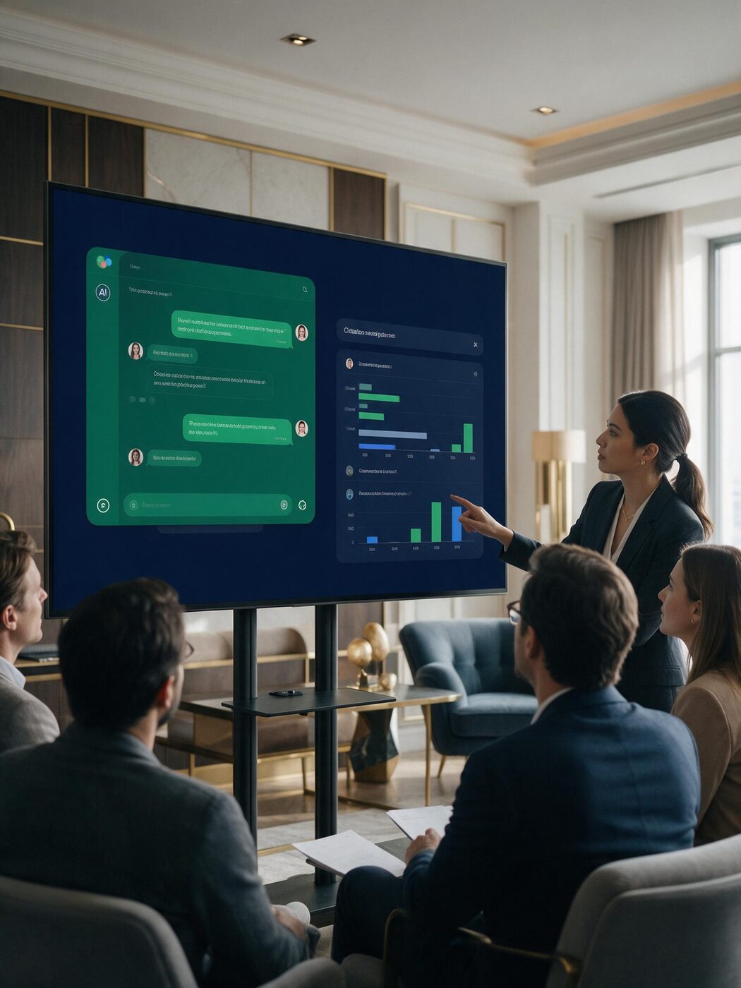 Team reviewing AI search visibility and citation share on a large screen