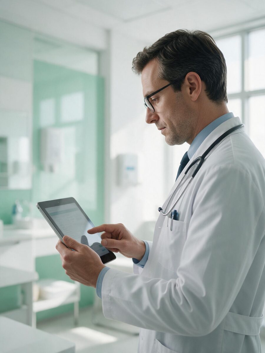 Doctor reviewing patient information on a tablet in a modern clinic, representing healthcare SEO clients