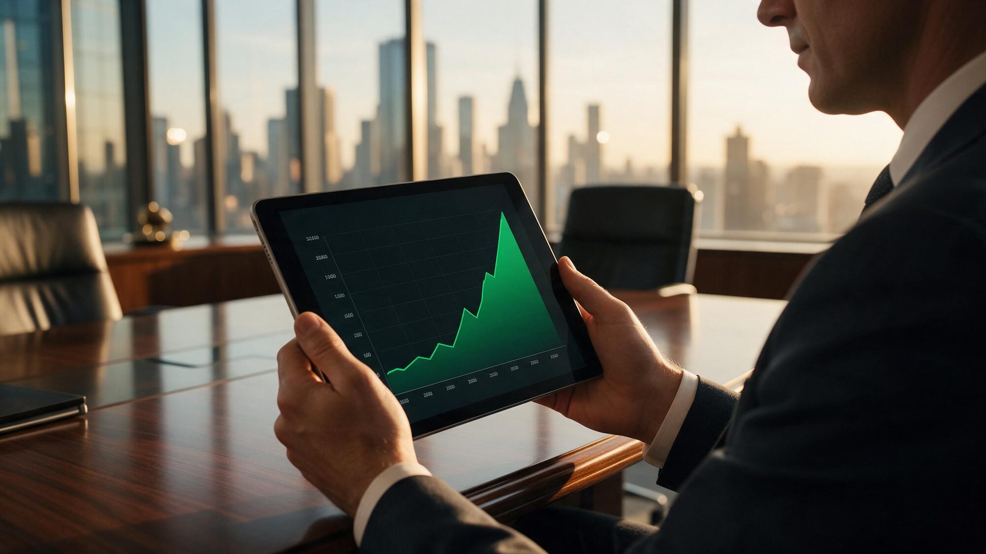 Executive holding a tablet with a steeply rising organic revenue growth chart