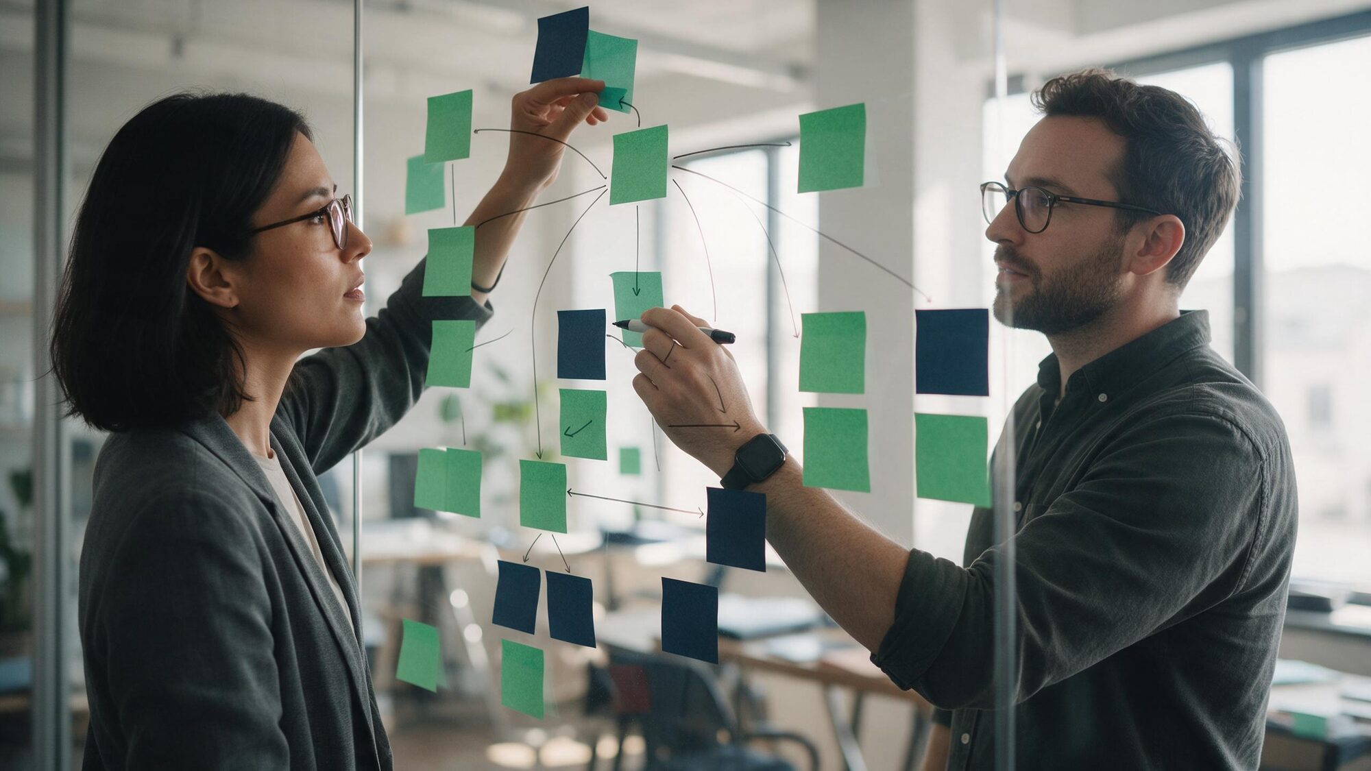 SEO strategists mapping site architecture and topic clusters on a glass whiteboard